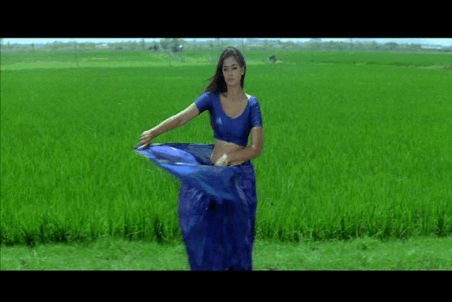 a woman in a blue crop top is standing in a field of green grass