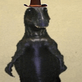 a black dinosaur wearing a brown cowboy hat on its head