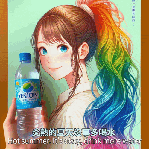 a girl with rainbow hair holding a bottle of yentoni water