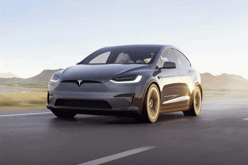 a tesla model x is driving down a road with mountains in the background