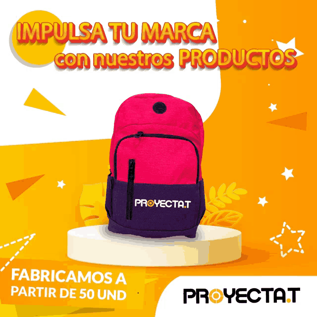 a pink and purple backpack that says proyectat on the front