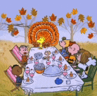 a group of peanuts sit around a table with a turkey on top