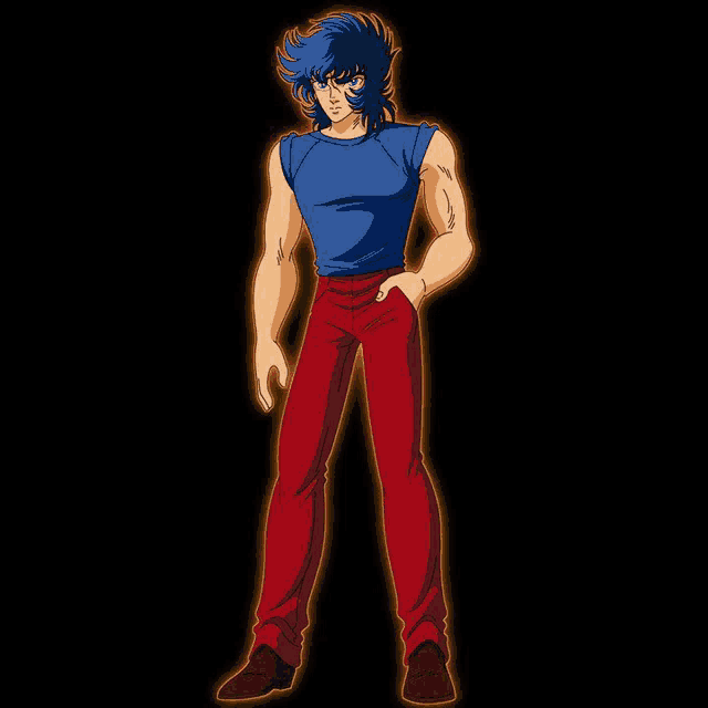 a cartoon character with blue hair and red pants stands with his hands in his pockets