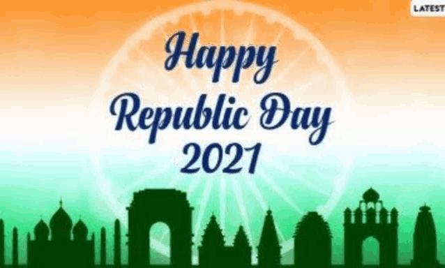 a happy republic day 2021 greeting card with a ferris wheel and silhouettes of buildings .