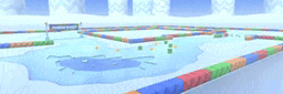 a blurred image of a snowy track with a sign that says power start