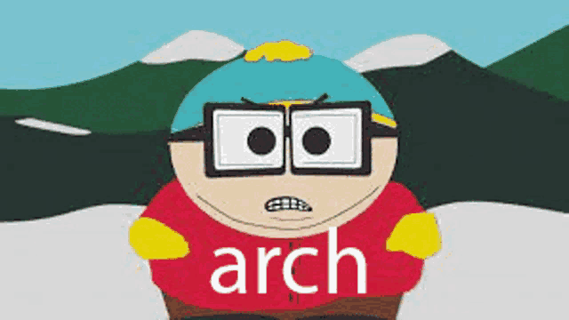 a cartoon character from south park wearing glasses and a red sweater with the word arch written on it .