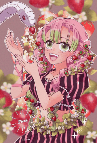 a girl with pink hair is surrounded by strawberries and flowers and the word flesh is on the bottom right