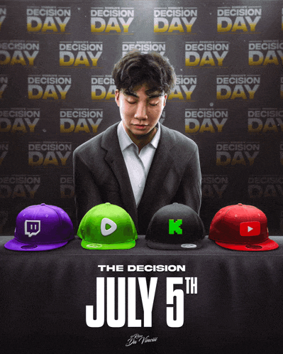 a poster for the decision july 5th shows a man in a suit surrounded by hats