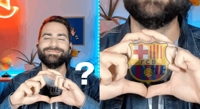 a man with a beard is making a heart shape with his hands with a fcb logo in the background