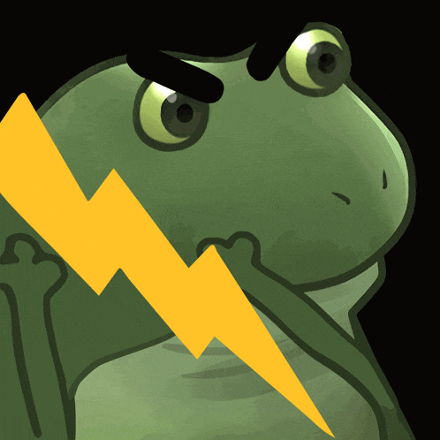 a frog with a yellow lightning bolt on it 's arm