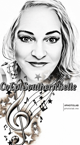 a black and white photo of a woman with the words co-opt southern belle above her