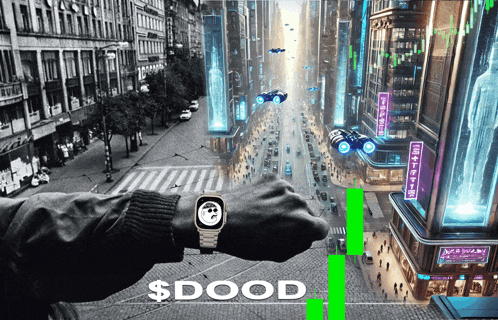 a man wearing an apple watch looks out over a city with a green line that says $ dood on it