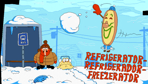 a cartoon drawing of a bus stop with the words refrigerator refrigerador freezerator at the bottom