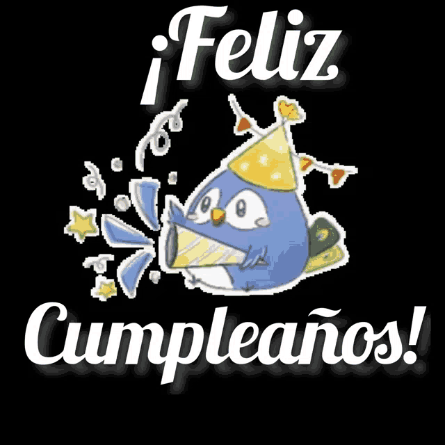 a penguin wearing a party hat is blowing a party horn and the words feliz cumpleanos below it