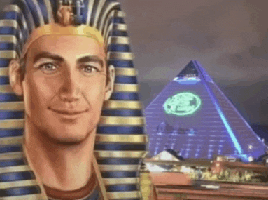 a man wearing a pharaoh 's hat stands in front of a pyramid