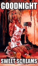 a woman in a bloody dress is kneeling on the floor with a knife .