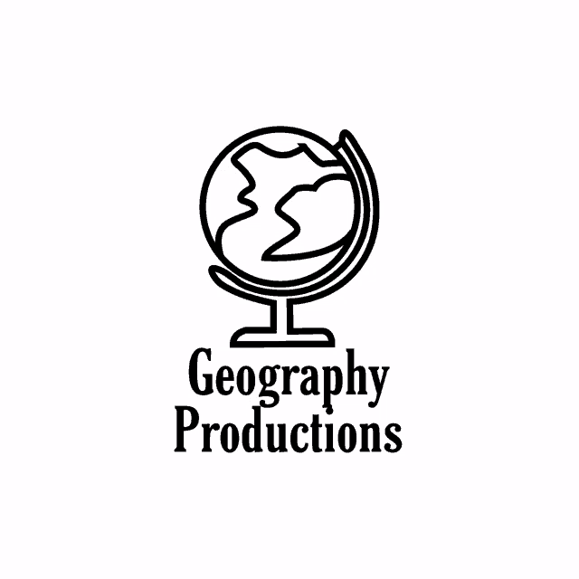 a logo for geography productions with a globe in the center