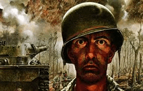 a soldier wearing a helmet is standing in front of a tank in a painting .