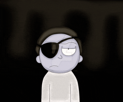 a drawing of a cartoon character with an eye patch and a white shirt