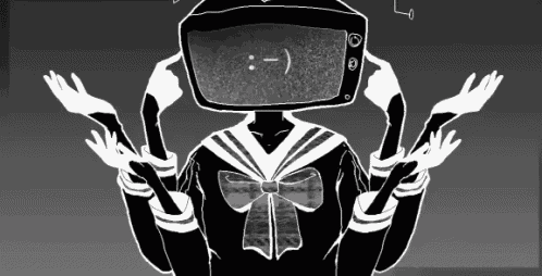 a black and white drawing of a person with a tv head