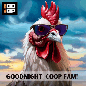 a rooster wearing sunglasses with the words goodnight coop fam