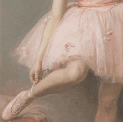 a painting of a ballerina in a pink tutu tying her shoes .