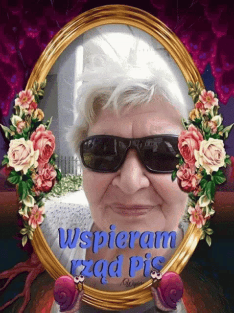 a woman wearing sunglasses is in a picture frame with the words wspieram rzad pis written on it