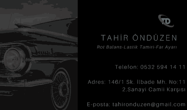 a business card for tahir onduzen has a picture of an old car