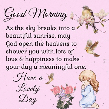 a good morning message with a picture of a girl and birds