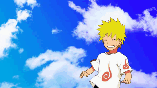 a boy with yellow hair is wearing a white shirt with a red swirl on it