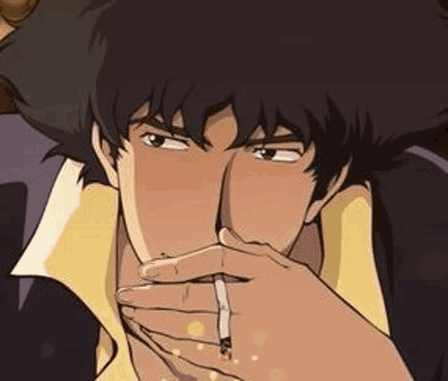 a close up of a man smoking a cigarette in a cowboy bebop anime .