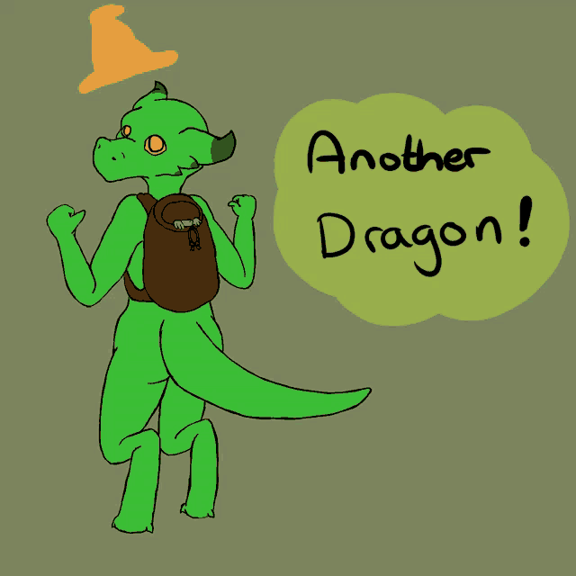 a drawing of a green lizard with a backpack and a hat that says wizard