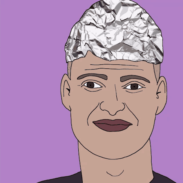 a cartoon of a man with aluminum foil on his head and the words " interesting , interesting ... "