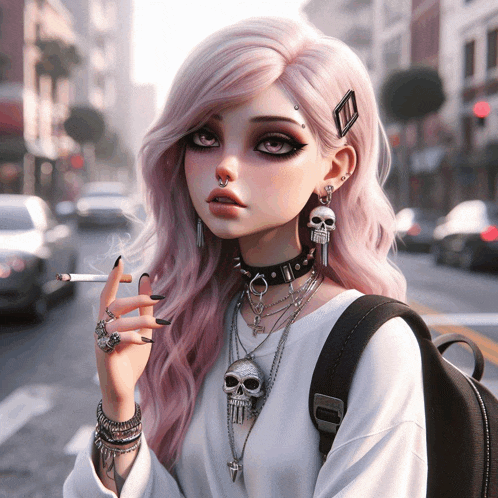 a girl with pink hair smoking a cigarette and wearing skull earrings