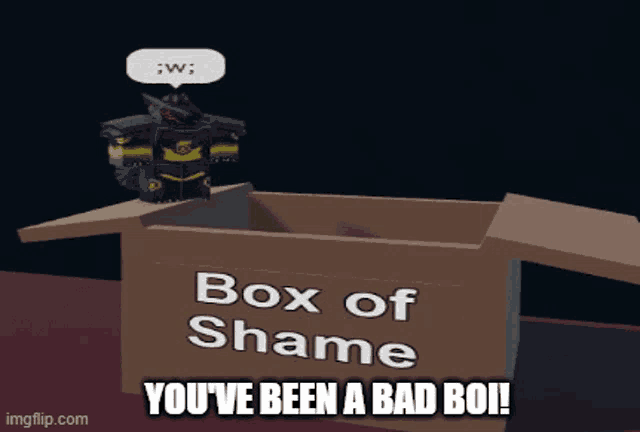 a cardboard box that says box of shame you 've been a bad boi on it