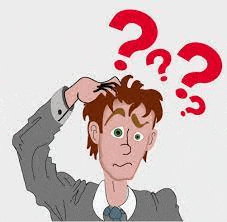 a cartoon of a man scratching his head with red question marks above him .