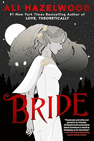 a woman in a white dress is standing next to a wolf on the cover of a book .