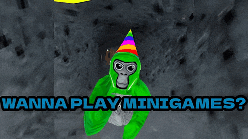 a green gorilla wearing a party hat says " wanna play minigames ? "