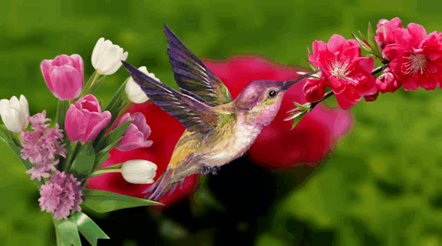 a hummingbird is perched on a flower branch