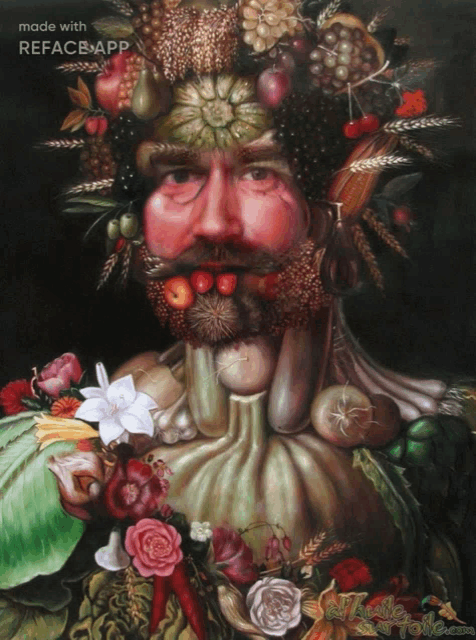 a painting of a man with fruits and vegetables on his head is made with reface app