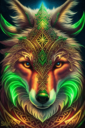 a painting of a fox with a geometric design on its face