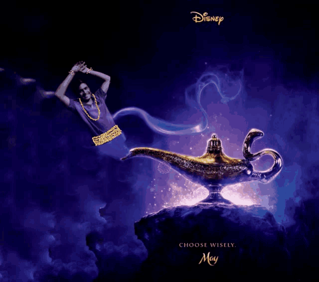 a poster for disney 's aladdin shows a genie coming out of the lamp