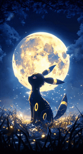 a black pokemon with a yellow tail is sitting in front of a full moon