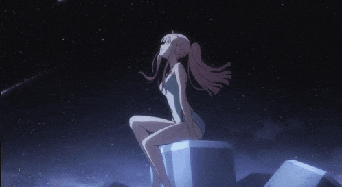 a naked anime girl is sitting on a rock looking up at the sky