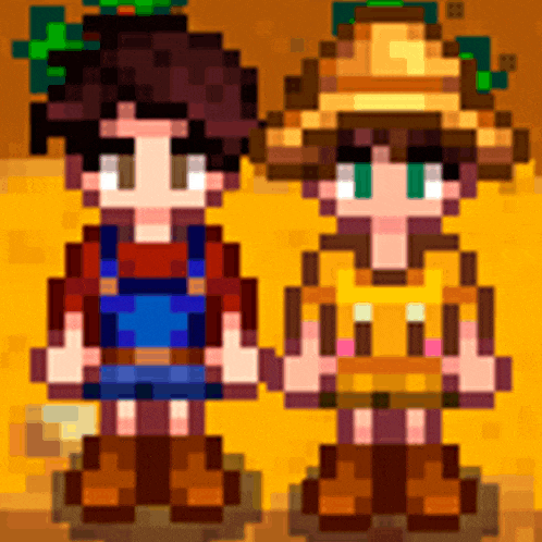 a boy and a girl are standing next to each other in a pixel art game