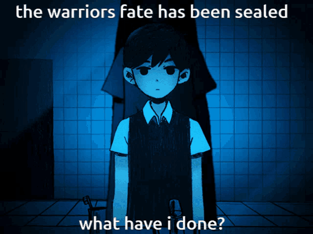 a cartoon of a boy with the words " the warriors fate has been sealed what have i done "