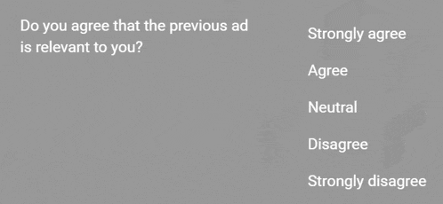 a gray background with a question that says do you agree that the previous ad is relevant to you strongly agree agree neutral disagree strongly disagree