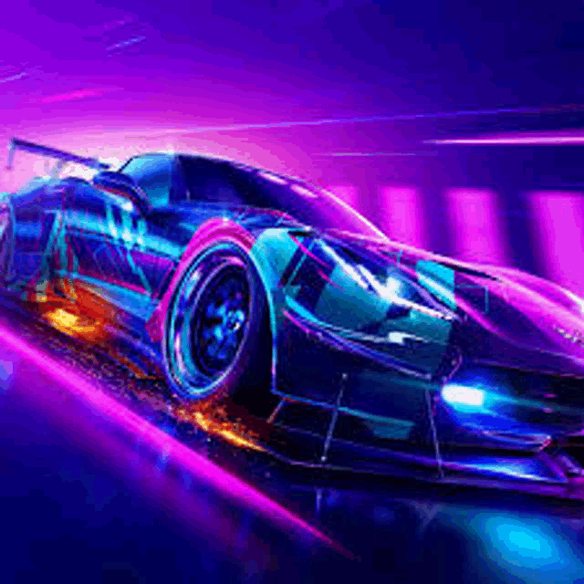 a purple and blue sports car is driving down a purple road .