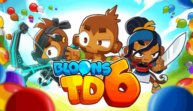 a video game called bloons td6 with monkeys and balloons in the background