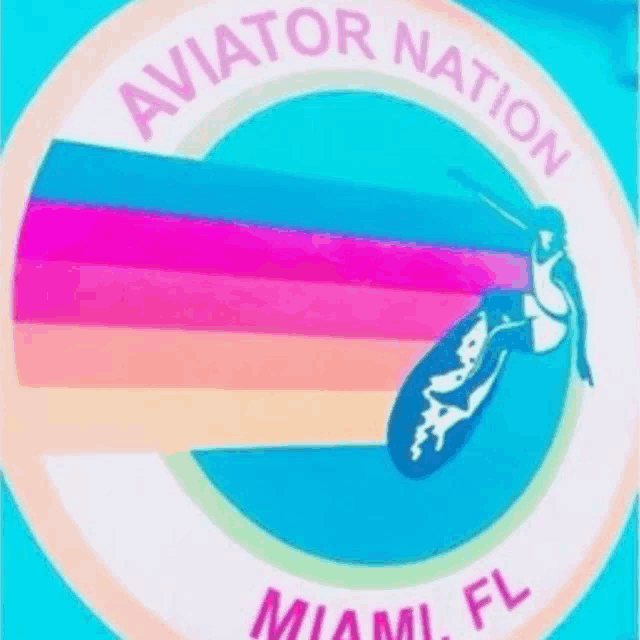 a logo for aviator nation miami fl with a woman riding a surfboard